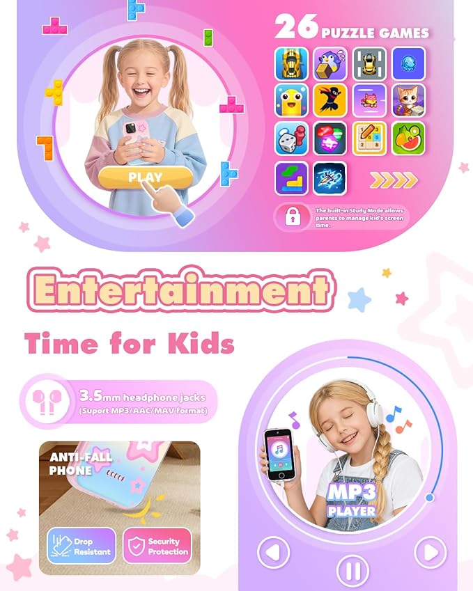 Kids Smart Phone for Girls, 3.5" Touchscreen Kids Phone Toy with Dual Camera, Christmas Birthday Gifts for Girls Age 3-8, Toddler Learning Toys for 3 4 5 6 7 8 Year Old, ABC Learning, Habit Tracker