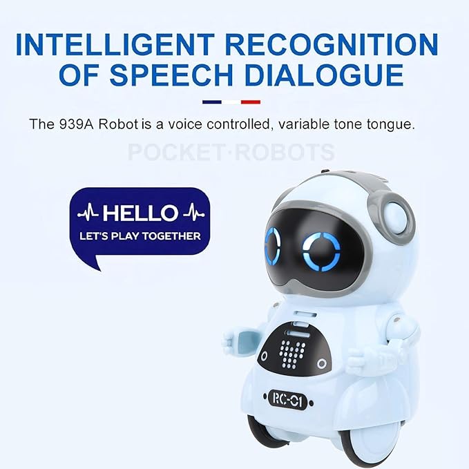 Mini Pocket Robot Toy, Interactive Voice Recognition, Repeat, Sing, Dance, LED, Story ABS Decoration, Robot Toy 3.3in with LED Lights for Entertainment, Communication (Blue)