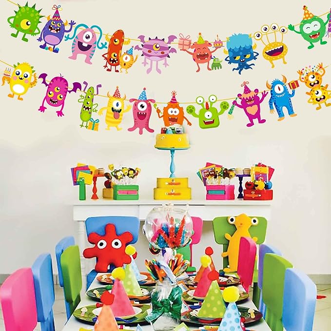 Little Monster Banner & Garland - Monster Theme Party Supplies for Birthday & Baby Shower