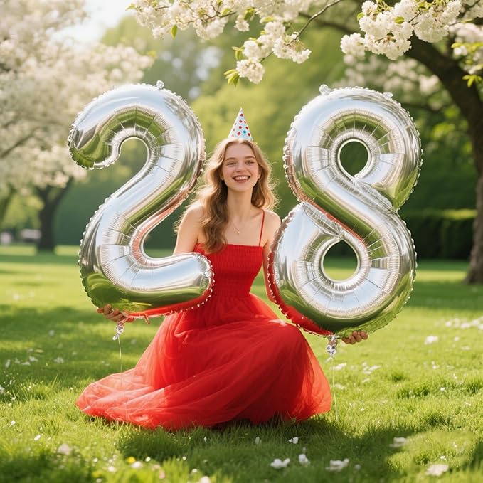 40 Inch Silver Number 28 Digital Balloon,Jumbo Mylar Foil Helium Balloon for 28 Balloons for Birthday Party,Wedding Anniversary Party Decorations