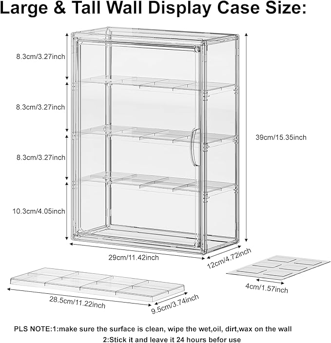 Clear 4 Tiers Acrylic Display Case for Figures Collectibles Wall Mounted Hobby Figurine Display Case with Shelves, Display Shelf Storage Box for Labubu Pop Mart, Action Figures, XXL, 1 Pack
