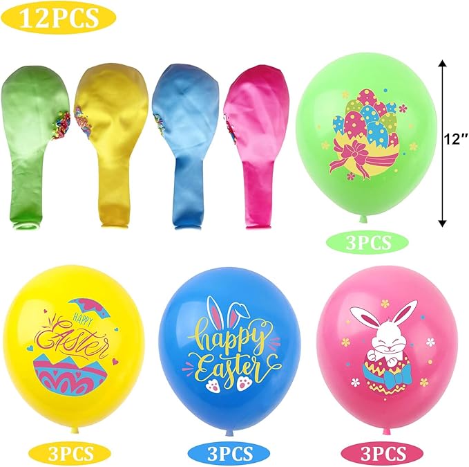 Happy Easter Balloons Bunny Eggs Balloons Green Pink Blue Yellow Party Balloon For Easter Themed Party Bunny Decorations Decor Supplies Arch Decorations Party Balloon Sets-12 Pcs