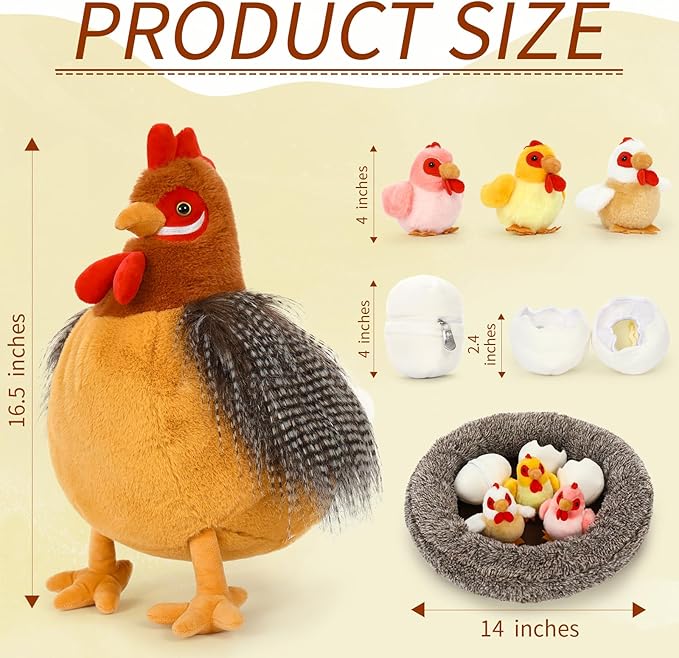 8Pcs Easter Chicken Stuffed Animal, Stuffed Hen with Little Baby Chicks and Coop, Rooster Plush Gifts Toys for Kids, Hit of Christmas Farm Party