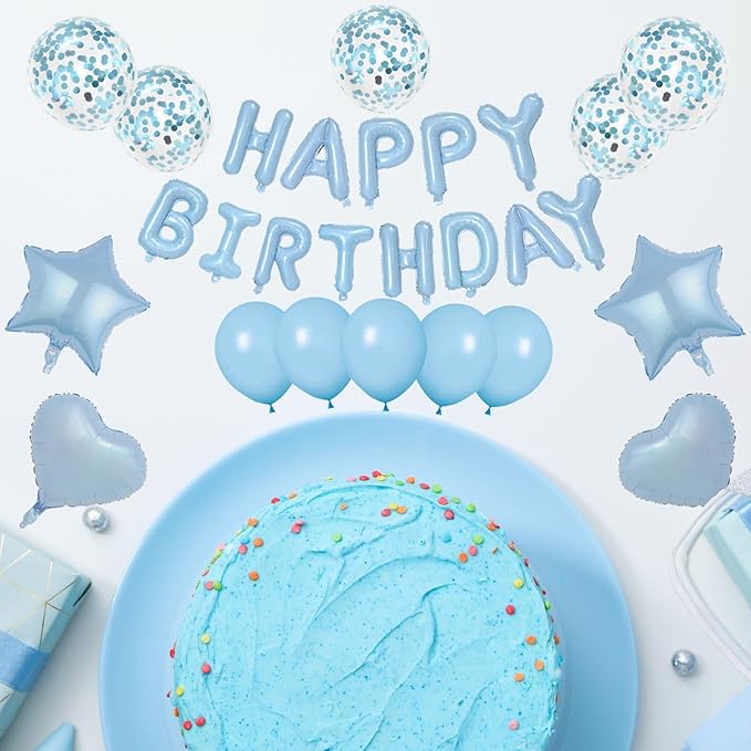 27 Pcs Light Blue Birthday Decorations, 3D Letters Light Blue Happy Birthday Balloon Banner, Pentagram Heart Foil Balloons Confetti Balloons Kit For Boys Girls Birthday Party Supplies