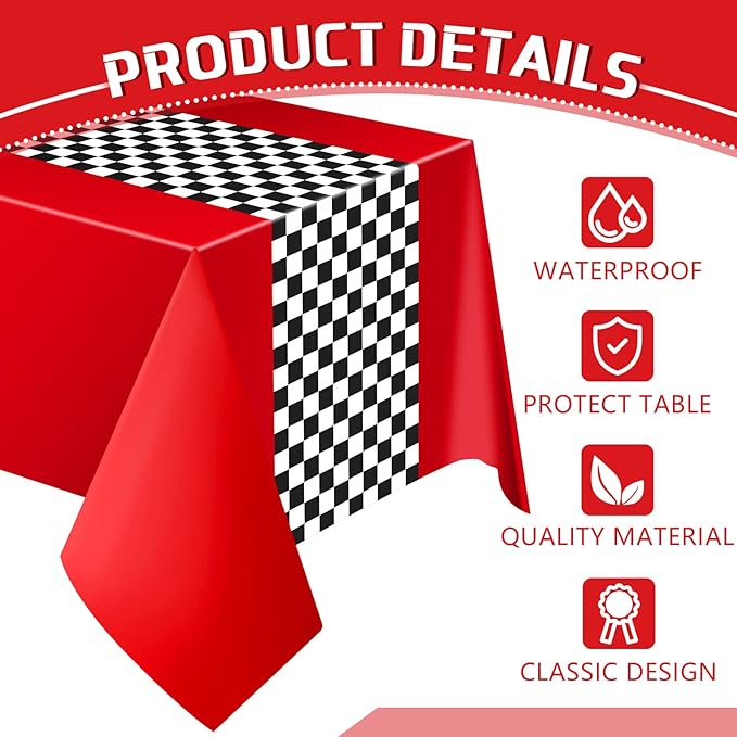 Irenare Car Birthday Party Supplies Racing Decorations 50s Party Tablecloth Racetrack Table Runner Table Covers for Kids Boy Car Theme Birthday Decor, 54 x 108 Inch(Red,8 Sheets)