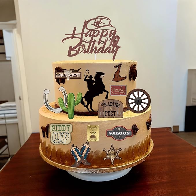 31 Pcs Cowboy Cake Toppers Glitter Cowboy Hat Cake Decorations Western Theme Happy Birthday Party Decoration for Boys Girls, Western Birthday Sign Decor Party Decor Party Supplies