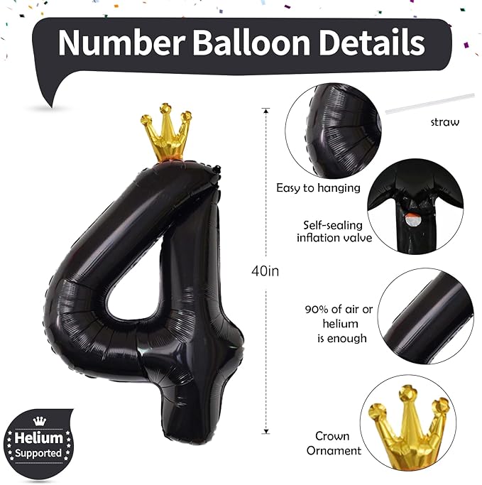 Crown Number Balloons 4 for Kids, Large Black Number Balloon 0-9 Set, Foil Helium Self Inflating 40 Inch Balloons for Girls 4th Birthday Party Decor Anniversary Party Decoration Boys Supplies