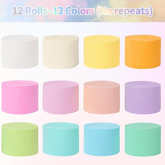 12 Rolls Crepe Paper Streamers, 12 Colors Pastel Streamers Party Decorations for Birthday Party, Baby Shower, Wedding, Bachelorette Party, Rainbow Party, Colorful Party