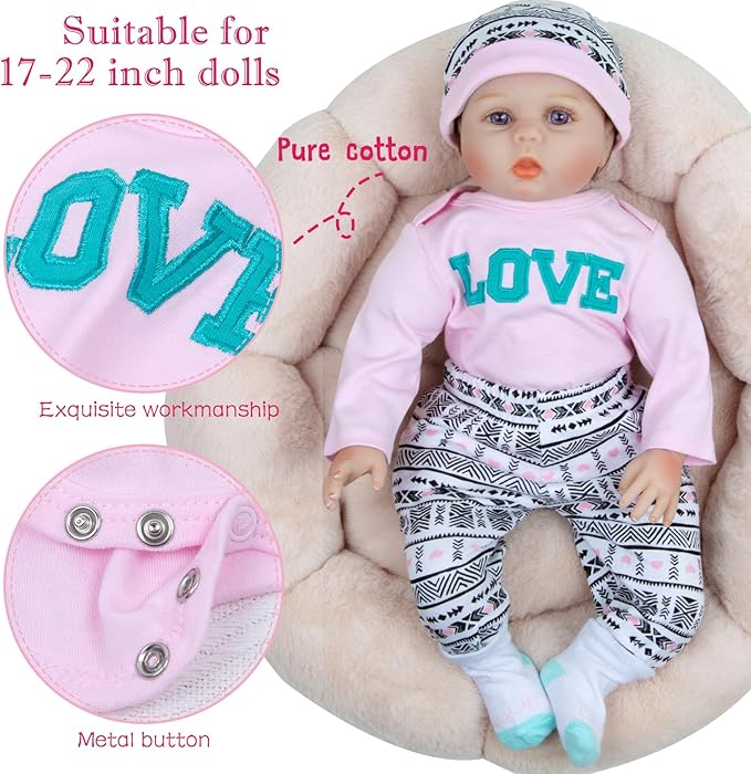 PEDOLLTREE 12 Pcs Reborn Baby Dolls Clothes Girl Outfit Accessories for 17-22 Inch Reborn Doll Newborn Girl with Pink Love Heart Bassinet
