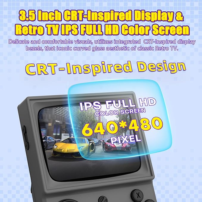 R36T Retro Gaming Console, 3.5'' IPS Screen CRT-Inspired, Handheld Game Console with 18000+ Classic Games Supports WiFi Networked Fighting and OTG, 3500mAh Battery, with Portable Case(Grey 64GB)