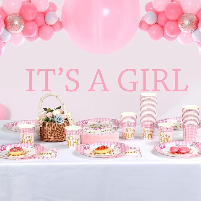 Hushee 200 Pcs It's a Girl Baby Shower Paper Plates Napkins Cups Baby Shower Party Supplies Tableware Set Disposable Cup Napkin for 50 Guest Party Decoration