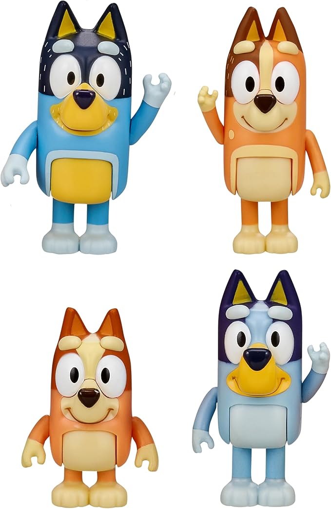 Bluey Family Figure Pack of 4, Robust Poseable Character Toys with Bingo, Chilli, and Bandit Figures, Toddler-Sized Animal Figurines for Kids Ages 3+