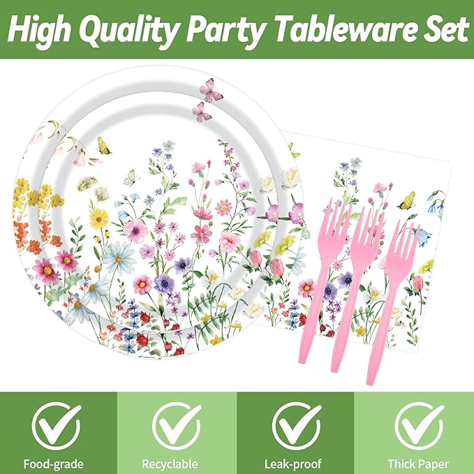 96 Pcs Wildflower Paper Plates and Napkins Party Supplies, Floral Party Plates Napkins Forks Disposable Tableware Set for Picnic Wedding Birthday Baby Shower Tea Party Decorations Serves 24
