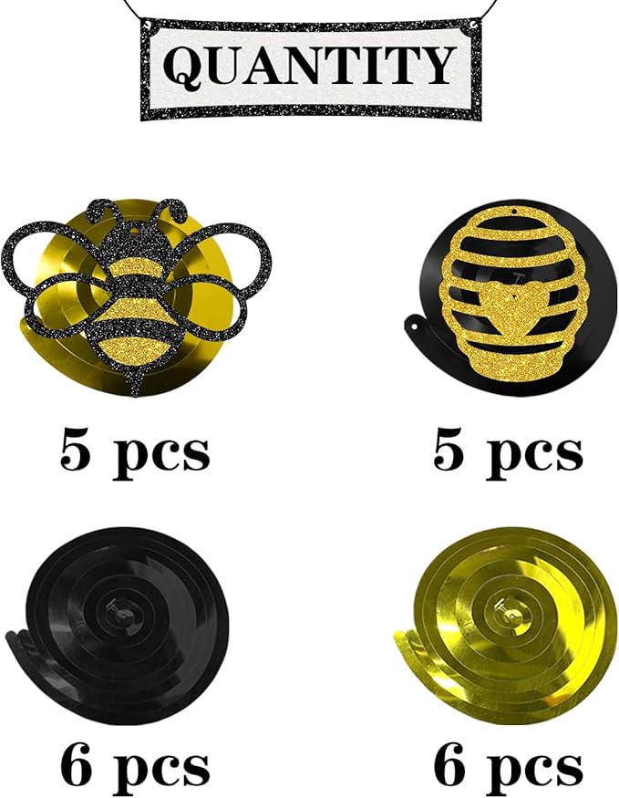 Maicaiffe Honey Bumble Bee Hanging Swirl Decorations - Glitter 22 Pcs Bee Baby Shower Party Supplies - Baby Birthday - Engagement - Wedding Streamers - Bee Theme Party Foil Swirls Ceiling Decorations
