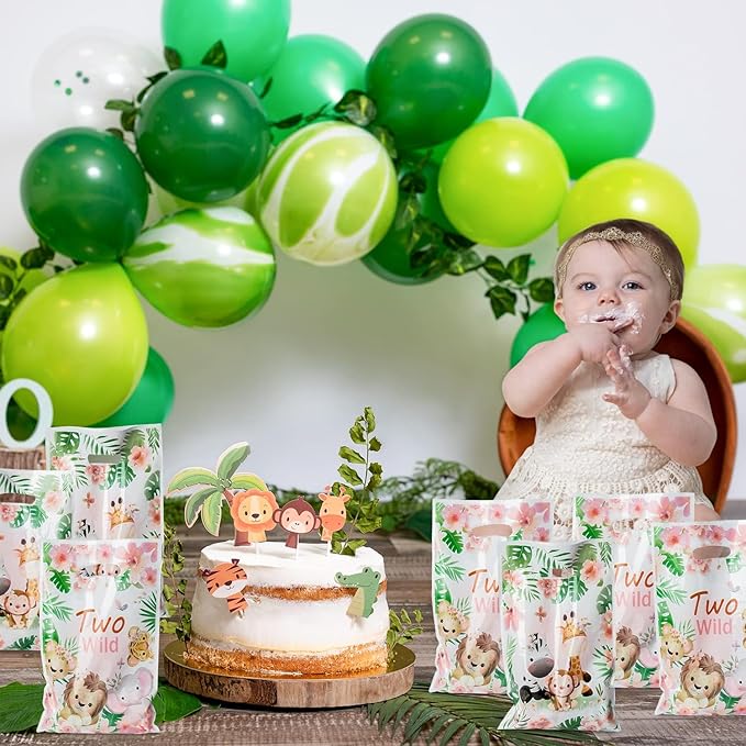 Two Wild Party Favor Bags - 50Pcs Jungle Safari Animals Goody Candy Treat Gifts Bags, Jungle Safari Themed Party Decorations for Kids Girls Boys Birthday Baby Shower Animal Theme Events Supplies
