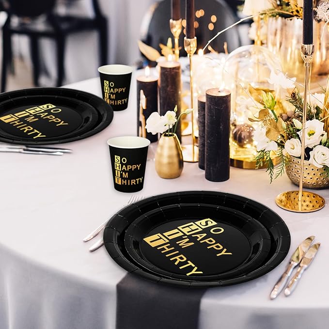 Whaline 96Pcs 30th Birthday Party Supplies Kit Black Gold Paper Tableware Plate Napkin Cup So Happy I'm Thirty Disposable Dinnerware Set for 24 Guests Party Table Decor