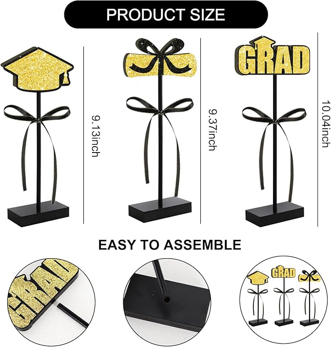 Black Gold Glitter Centerpieces for 2026 Graduation Decorations,Wooden Signs Grad Table Topper,Graduation Table Decorations for Class Of 2026 Party Decor and Party Favor(3 Pcs)