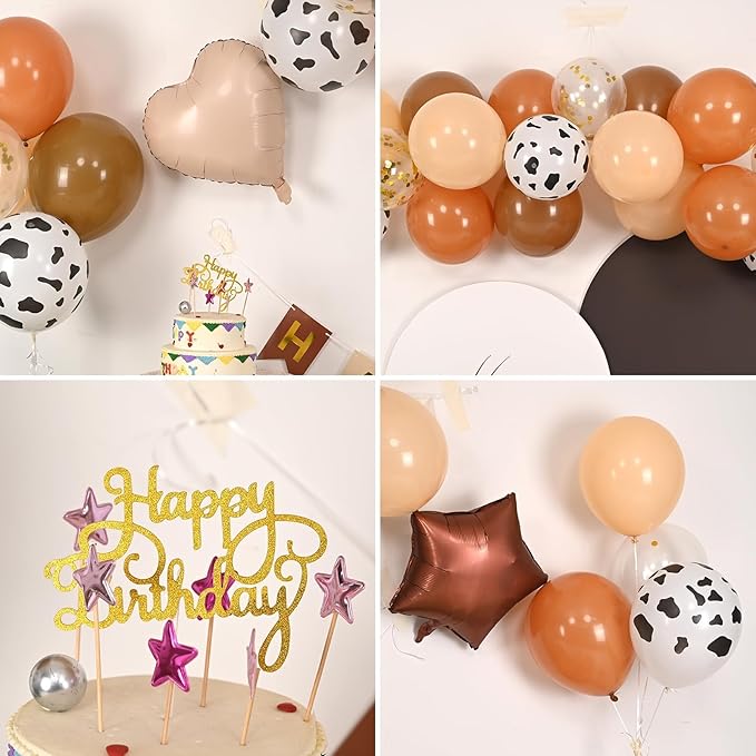 Western Cowboy Birthday Decorations,Brown Nude Gold Cow Print Balloons Banner Star Heart Foil Balloon for Farmhouse Baby Shower Birthday Party