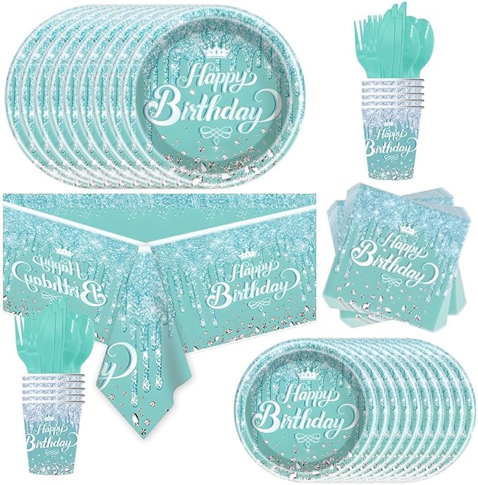 81Pcs Teal and Silver Tableware Set Sparkling Diamonds Party Decoration for Girls and Women Birthday Party Supplies (Blue)