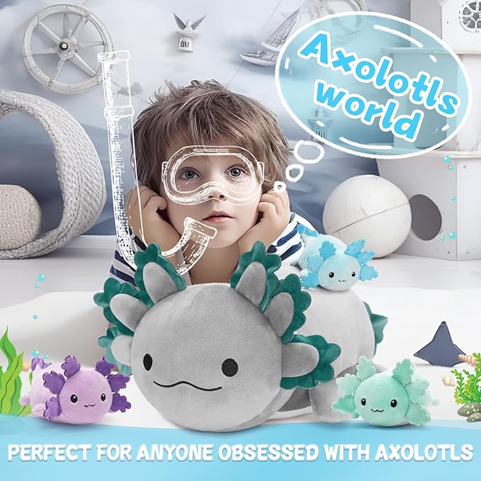4Pcs Axolotl Plush, Cuddly Stuffed Animal Mommy 24 inch with 3 Baby Plushies in Tummy, Soft Toys Gifts for Kids Girls Boys