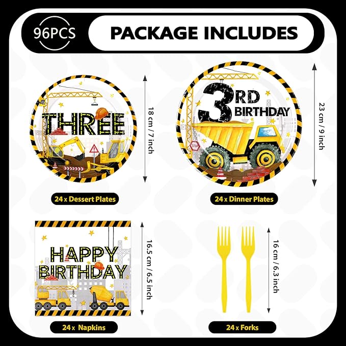 96 Pcs Construction 3rd Birthday Party Supplies Construction Plates Napkins Forks Tableware Set Excavator 3rd Birthday Decorations for Boys Dump Truck Theme 3 Year Old birthday Decorations Serves 24