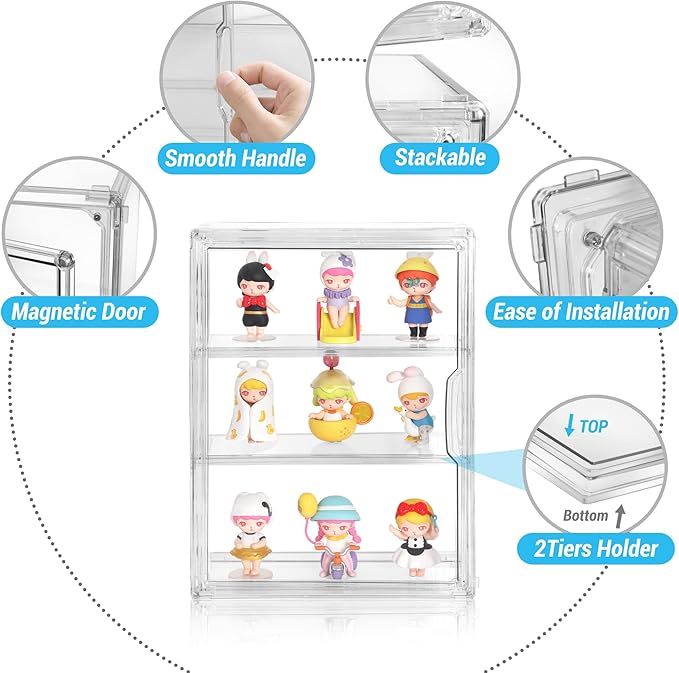 Acrylic Display Case for Figures, 3 Tier Clear Wall-Mounted Storage Organizer, Display Box with Magnetic Door, Dustproof Showcase Cabinet for Doll Action Figure Collectibles