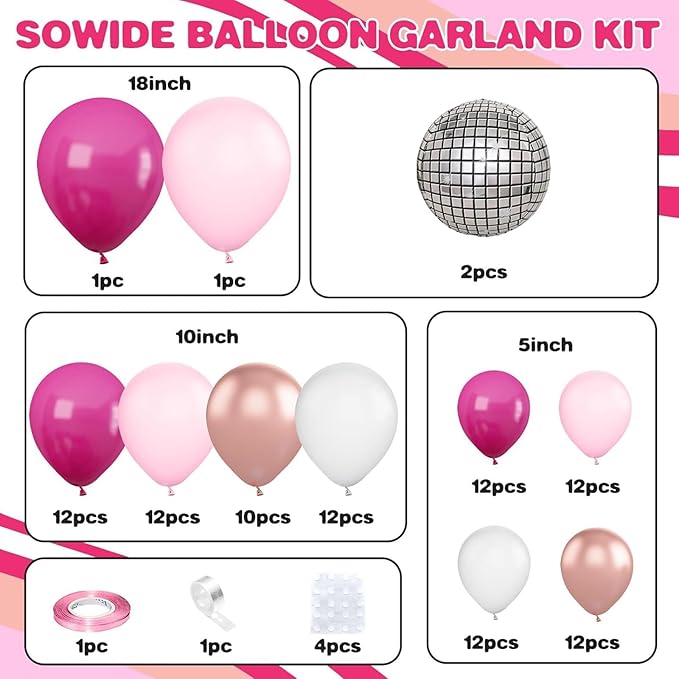 Pink Balloon Garland Arch Kit, Hot Pink Rose Gold White Balloons with Disco Ball Balloons for Girls Birthday Princess Party Background Wedding Baby Shower Decorations