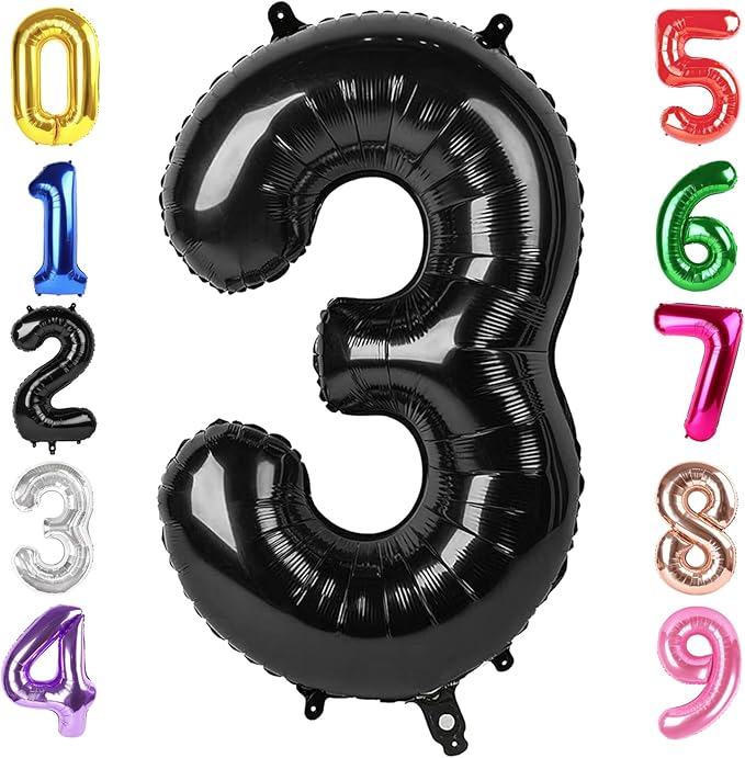 40 Inch Black Number 3 Balloon, Giant 3 Number Balloons for 3rd Birthday Decorations, Party Supplies for Baby Boy Girl, Black Party Decor