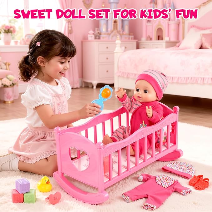 12'' Baby Doll Set with Crib and High Chair, 32 PCS Interactive Baby Doll Make 12 Sounds with Baby Doll Accessories, Doll Playset Toddler Girl Toys Birthday Gifts for 3 4 5 Years Old