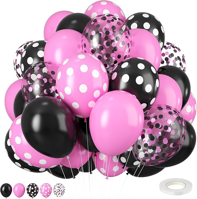 Pink and Black Balloons Set, 12 Inch Black Dots Birthday Balloon, Pink Latex Ballons Confetti Helium Balloons for Girls Theme Birthday Bridal Party Supplies