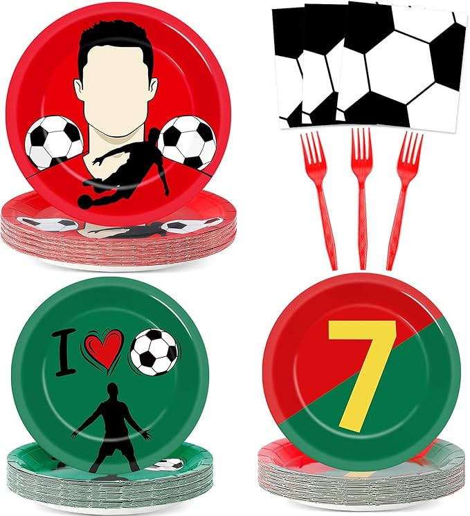 96Pcs Soccer Paper Plates and Napkins Soccer Star Disposable Tableware Set Red and Green Sports Ball Plates Set Sport Party Dinnerware Decorations for Birthday Baby Shower Party Decorations Supplies