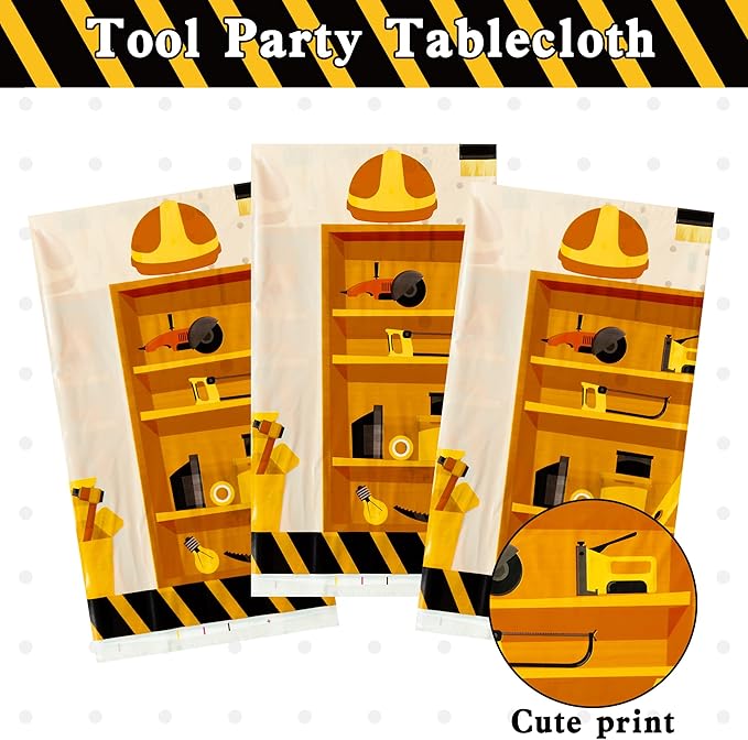 3 Packs Tool Theme Plastic Tablecloths Decoration Waterproof Rectangle Cute Tool TableCover Design with Hard Hat, Nuts, Bolts, Ladders, Spade Patterns for Kids Boys Birthday Party Supplies