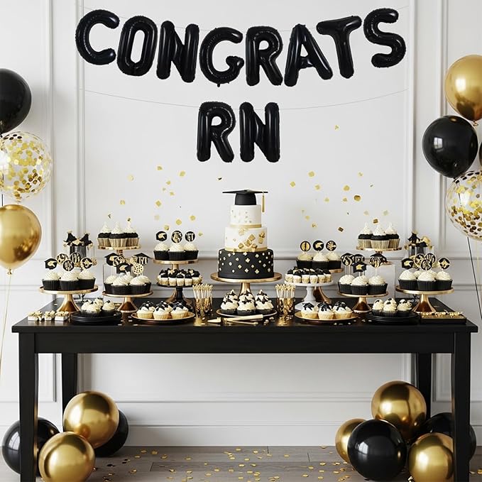 TONIFUL 2026 Nurse Graduation Decorations Black Congrats RN 2026 Balloons 16 Inch RN 2026 Banner Class of 2026 RegisteBlack Nurse Balloons Decorations 2026 Nursing Graduation Party Supplies