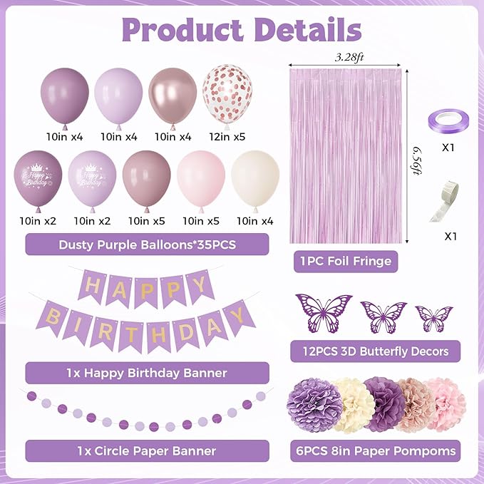 Dusty Purple Birthday Decorations for Women Girls, Lavender Pink Sand Rose Gold Metallic Printed Balloons Butterfly Stickers Fringe Curtain Happy Birthday Banner Circle Dot Paper Pompom Party Supplies