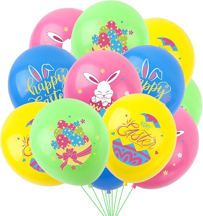 Happy Easter Balloons Bunny Eggs Balloons Green Pink Blue Yellow Party Balloon For Easter Themed Party Bunny Decorations Decor Supplies Arch Decorations Party Balloon Sets-12 Pcs