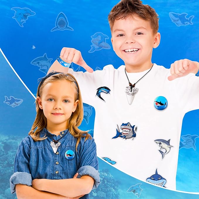 Jerify 110 Pcs Shark Party Favors Keychains Tooth Necklaces, Silicone Bracelet Wristbands Button Pins Gift Bags and Stickers for Birthday Shark Party Supplies Ocean Sea