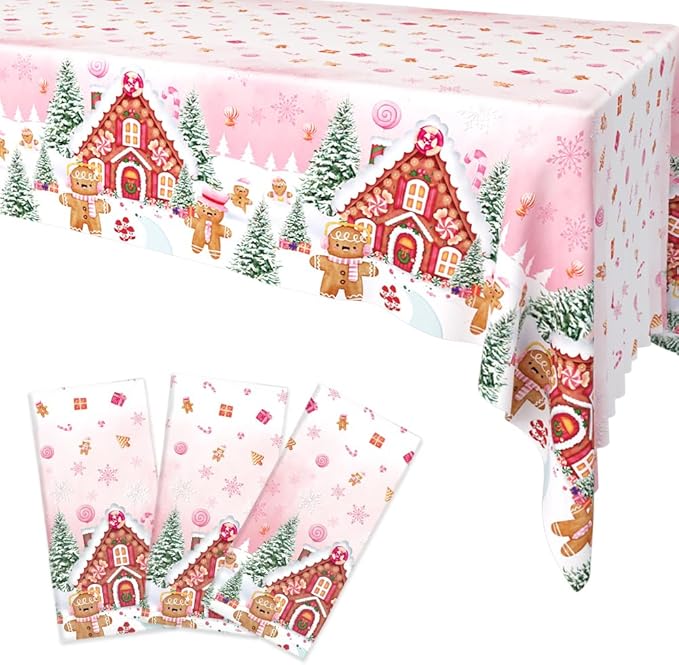 3 Pcs Pink Gingerbread Christmas Tablecloth - Gingerbread Man House Winter Cookie Plastic Table Cover for Family Holiday Decoration - 108 x 54 Inch