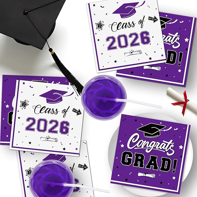 50 Pcs Graduation Napkins Decorations - Purple Class of 2026 Congrats GRAD 3-Ply Paper Cocktail Dinner Napkins Set for 2026 Graduation Party Supplies Table Decor Favors, 6.5 x 6.5 Inch