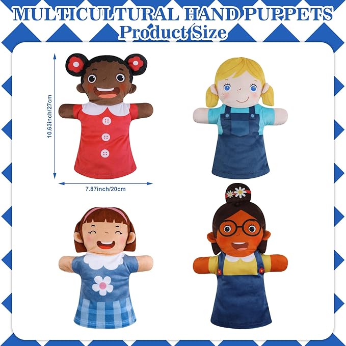 Poen 8 Pcs Hand Puppets Set for Kids Multicultural Hand Puppets Bulk Soft Plush for Toddlers Learning Interaction Suitable for Home Daycare School Classroom Role Play Fantoccini Theater Shows(Smile)