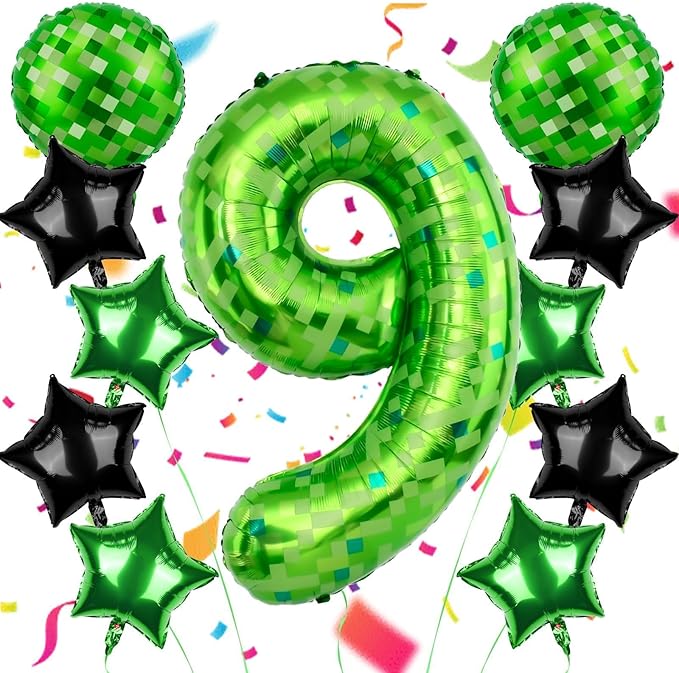 40 Inch Green Pixel Themed Number 9 Balloon Set Foil Balloon for Girls & Boys Birthday Party Decorations, Party Supplies & Favors (Number 9)