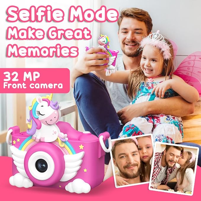 Wembley Kids Camera 3–8 Years | Unicorn Digital Selfie & Video Camera 1080P | Rechargeable Toddler Camera with Games | 32GB Card Included | Silicone Cover | Cute Birthday Gift for Girls & Boys - Pink
