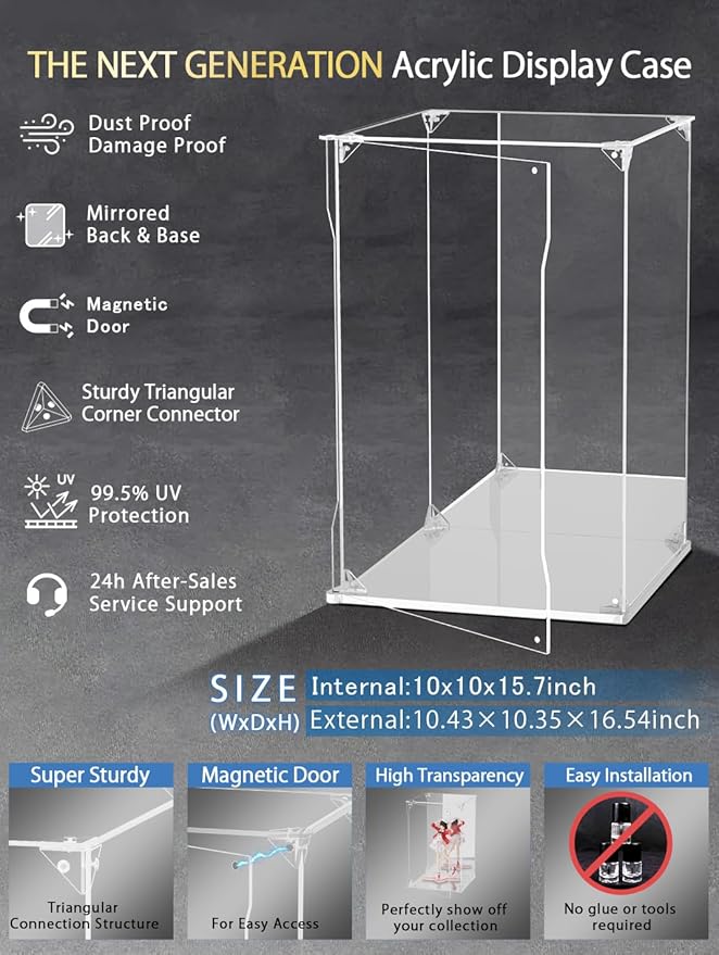 Clear Acrylic Display Case with Mirrored Back and Base, UV Protected Acrylic Box with Magnetic Door, Dustproof Display Box Showcase for Collectibles, Figures, Models, Toys (10x10x15.7inch)