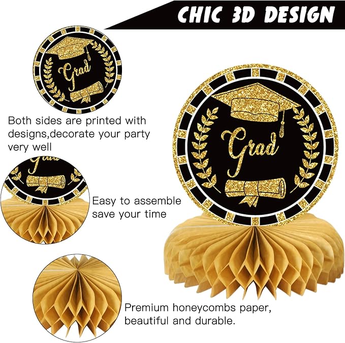 10PCS Graduation Party Decorations Class of 2026 Congrats Grad Table Centerpieces Congratulate Graduation Honeycomb Table Toppers for Graduation Party Supplies(Black Gold)