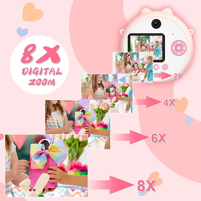 Kids Camera with Tripod, Digital Camera for Kids Aged 3-12, HD Kids Digital Camera with 1080P Video Recording, Durable ABS Material, Toys Camera for Boys Girls with 32GB Card(Pink)