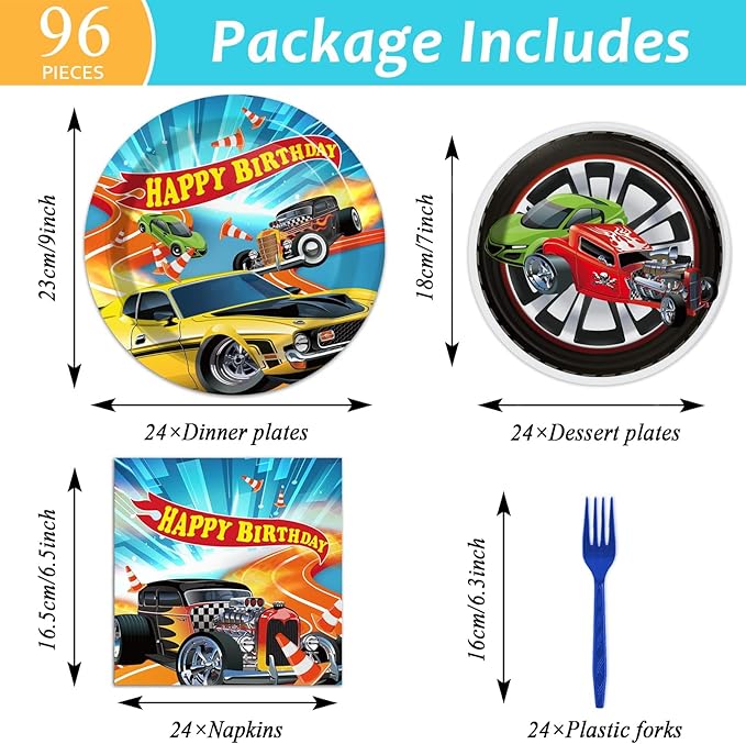 Tevxj 96 Pcs Racing Tableware Set - Hot Car Birthday Dinnerware - Disposable Plates, Napkins, Forks for Kids Boys - Happy Birthday Party Decorations Supplies for 24 Guests
