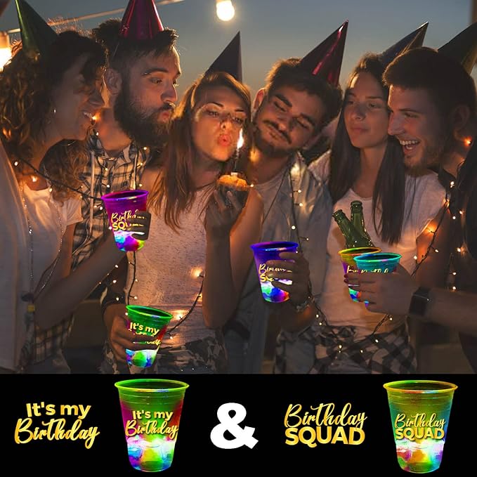 mishunyus 40 Pack Glow Birthday Squad Cups 16oz - Reusable Light Up Party Cups for Adult Birthdays 21st, 30th, 40th, 50th, 60th Theme Decorations Supplies, Night Club Party Favors