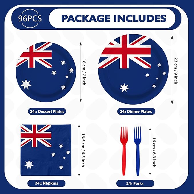 96Pcs Australian Flag Party Supplies Australia Birthday Plates and Napkins Australian National Flags Tableware Set for School Sports Events Patriotic Festival Birthday Party Decor，Serves 24
