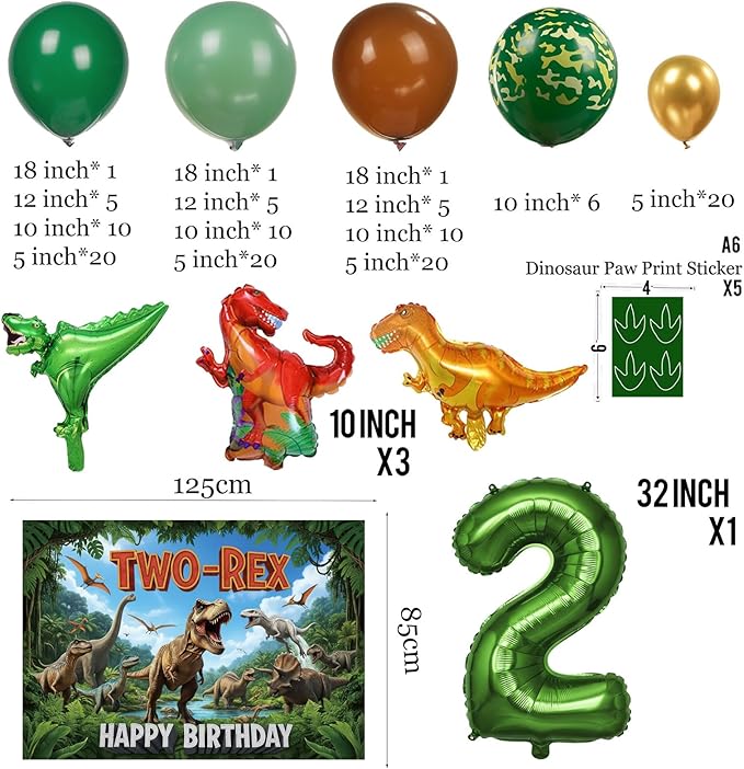 TWO-Rex Dinosaur Birthday Decorations include Hunter Green Brown Gold balloon arch & small Dino Foil balloons & backdrop & footprint stickers for Kids Boys Jungle Safari Dino 2rd Party Supplies