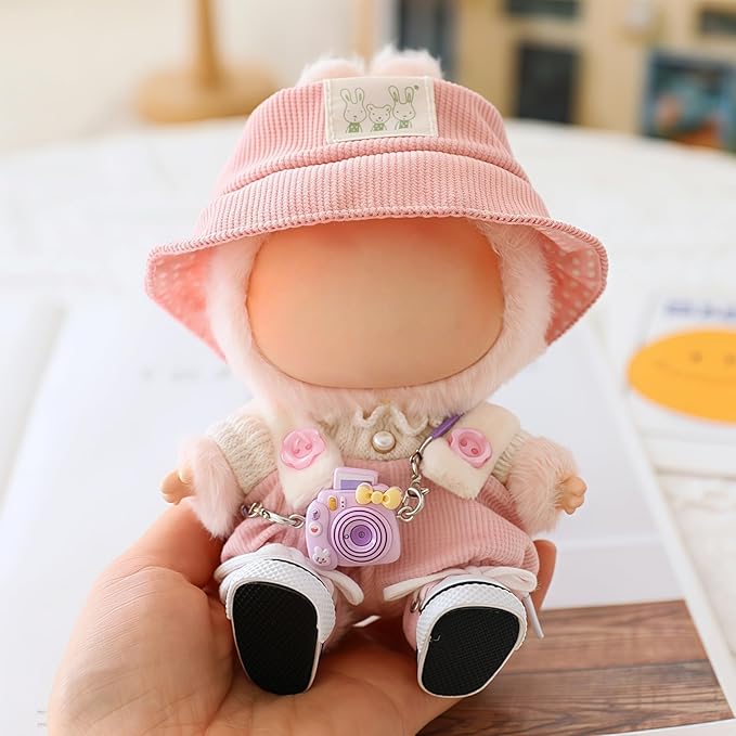 Clothes for Lu bubu 17cm Dolls Accessories(No Doll), Cute Outfit Set 5 Pieces Bib Pants for 17cm Doll Suit, Stylish Dress Up Overalls Doll Clothing Set Replacement with Hat Clothes Shoes Pink