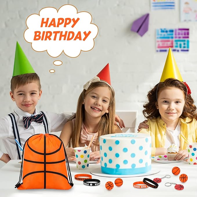 LEIFIDE 48 Pcs Basketball Party Favors 12 Sets Silicone Bracelet Drawstring Treat Bag Mini Stress Ball Keychains for Basketball Birthday Party Supplies